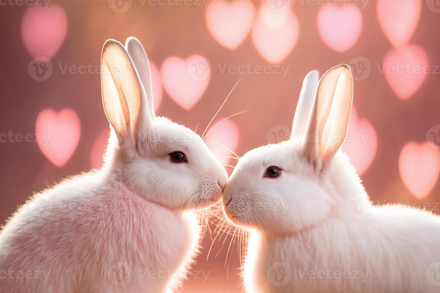 Two bunnies are kissing. Beautiful light, bokeh effect. Valentine's Day, love. Couple, relationship. Postcard, greeting card design. . photo