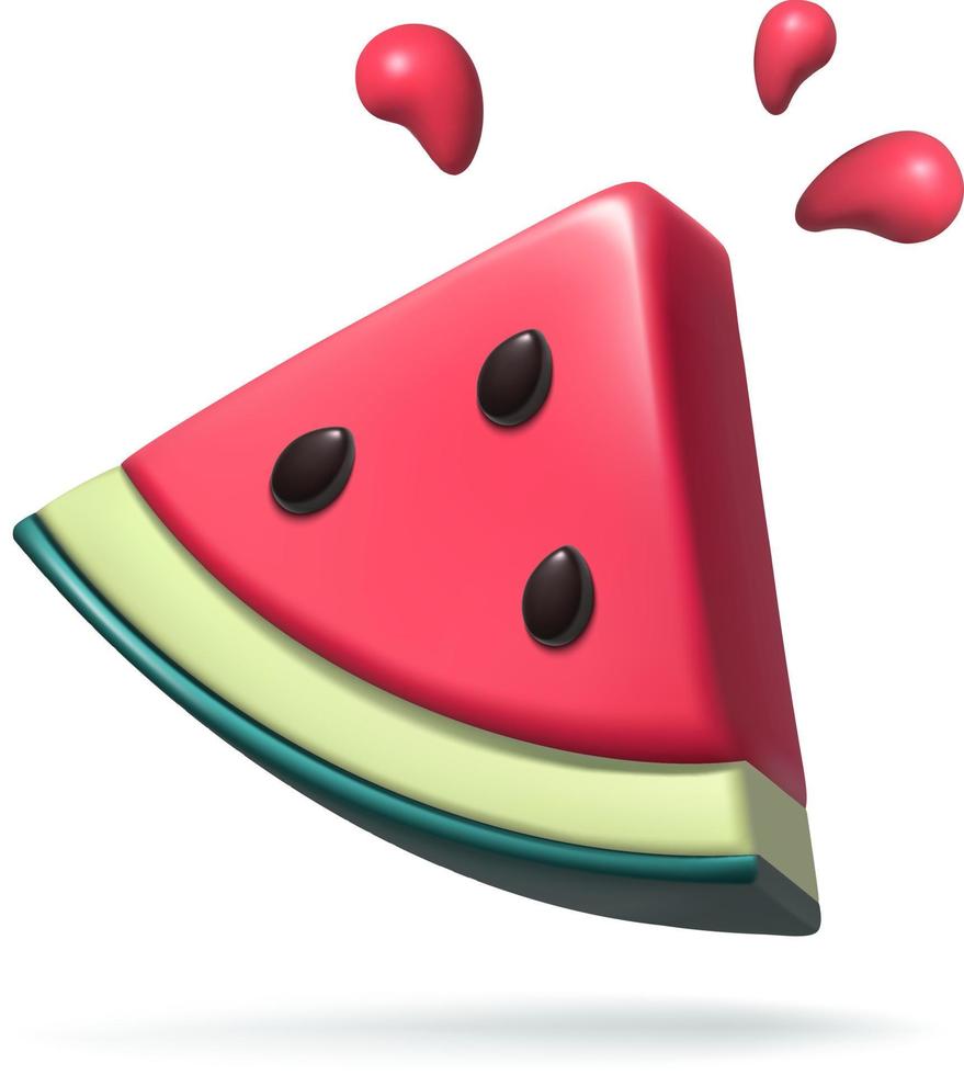 Red Watermelon fruit 3d icon. Realistic plastic three dimentional cartoon summer vector illustration. Watermelon slice with juice splashes on white background