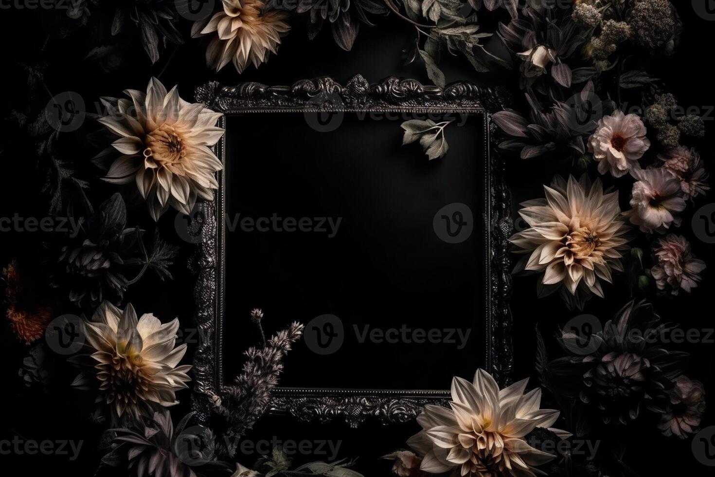 Beautiful black background with flowers and copy space. Empty space for text. Frame, dark backdrop. . photo