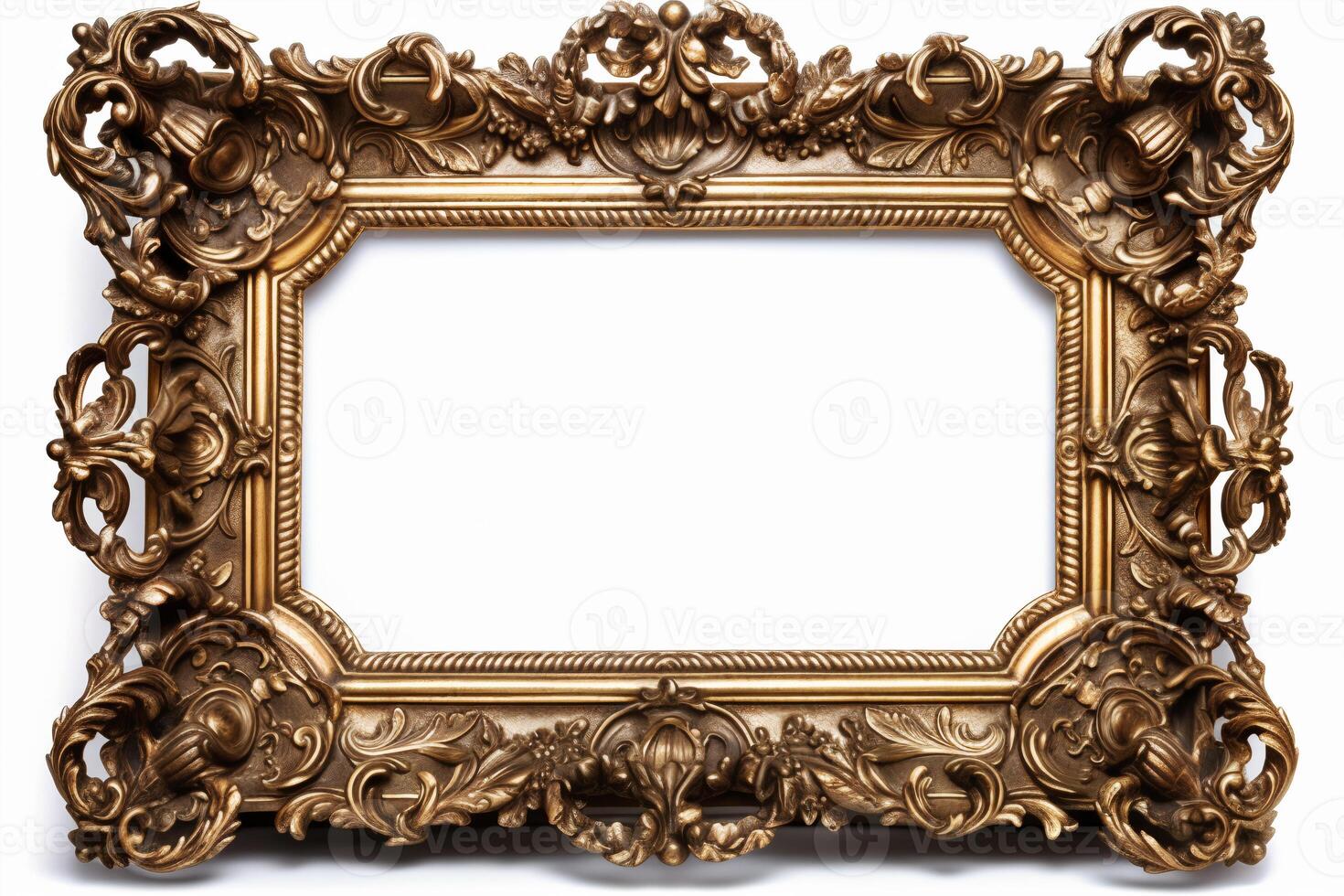 Golden, empty, horizontal picture frame on white background. Baroque style, vintage, antique. With beautiful ornaments. Frame with copy space for artwork, picture. . photo