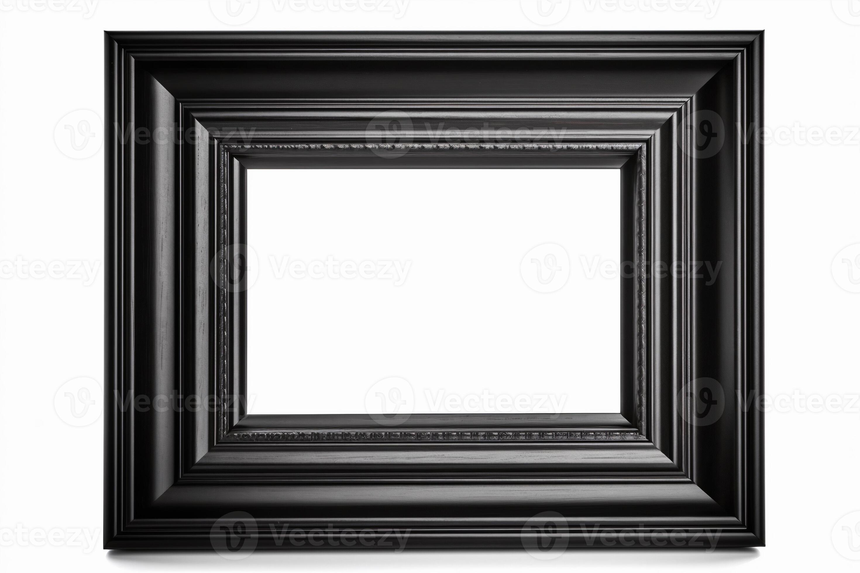 Black, empty, horizontal picture frame on white background. Frame with