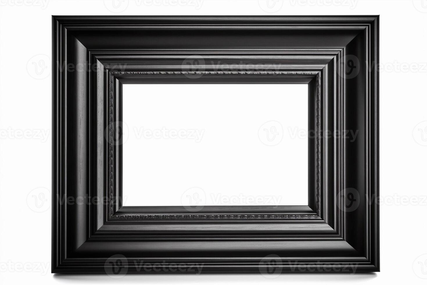 Black, empty, horizontal picture frame on white background. Frame with copy space for artwork, picture. . photo
