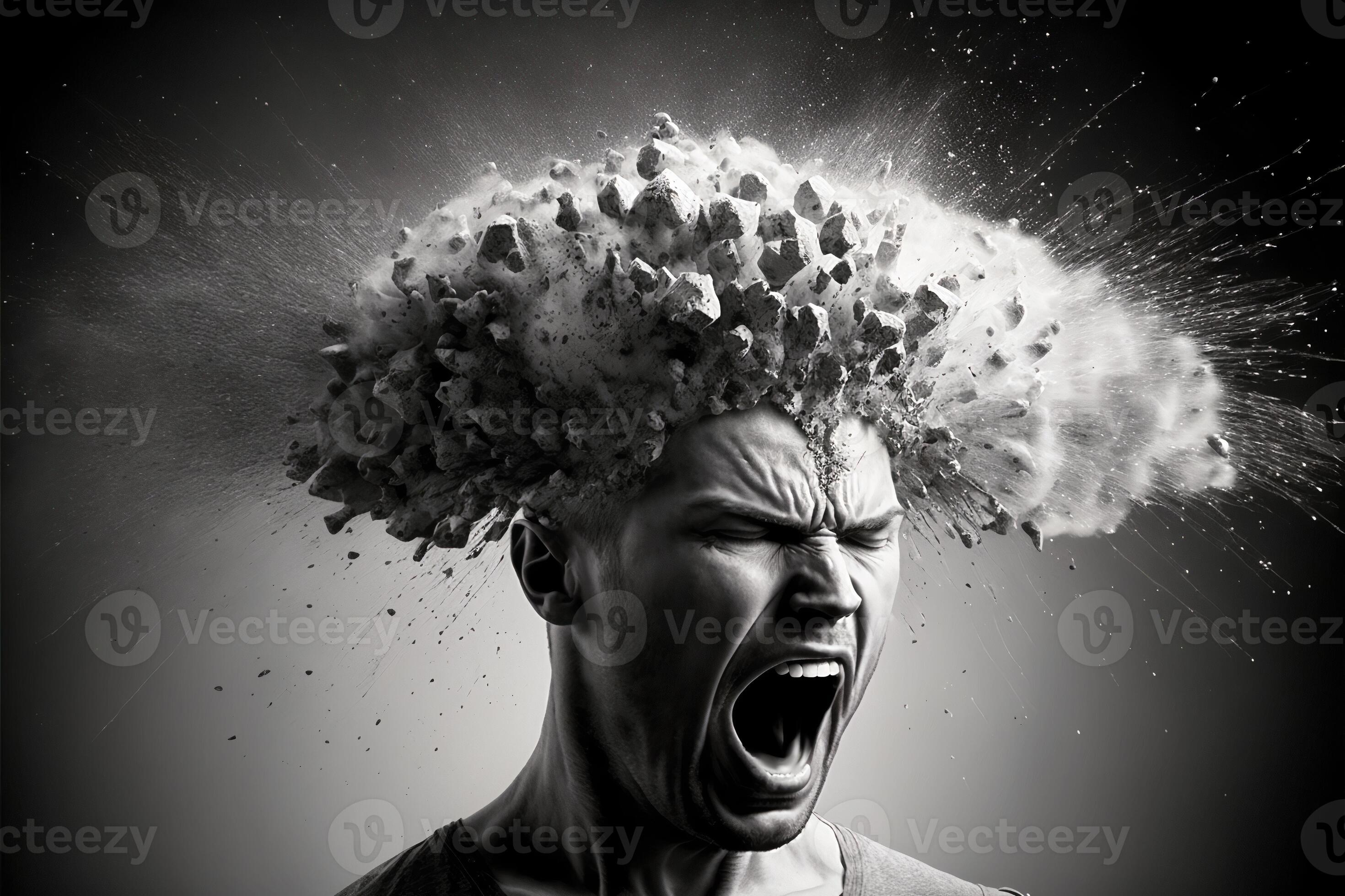 Head explosion. Headache, aggression, negative emotions concept. Losing
