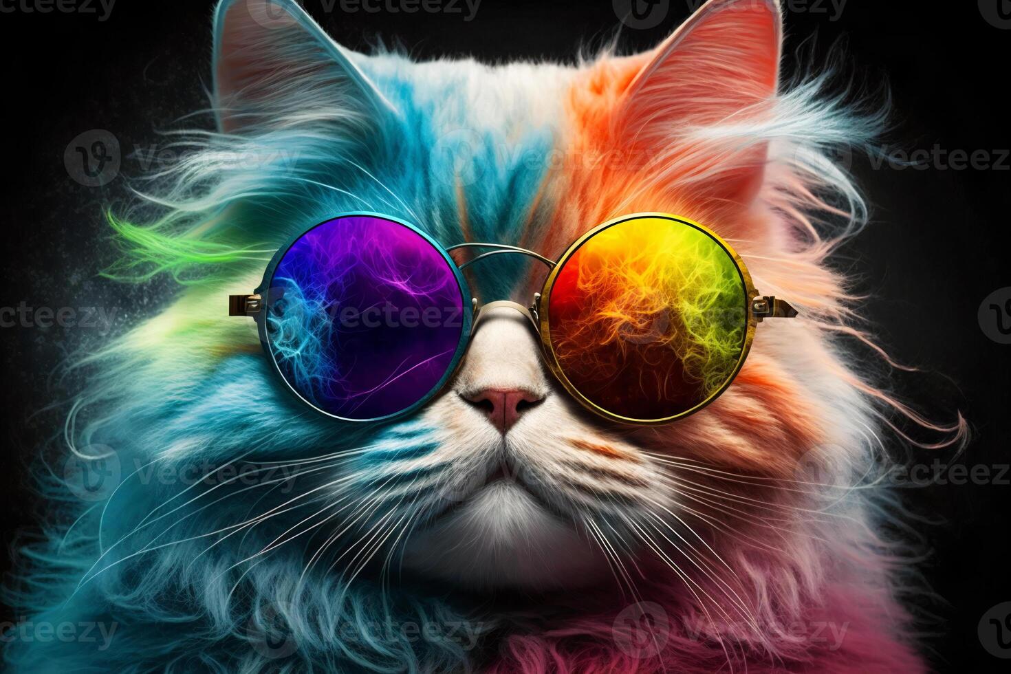 frio y vistoso gato con Gafas de sol. arco iris colores. diversidad, tolerancia, inclusión concepto. diferente y único a ser. de moda gatito. generativo ai. foto