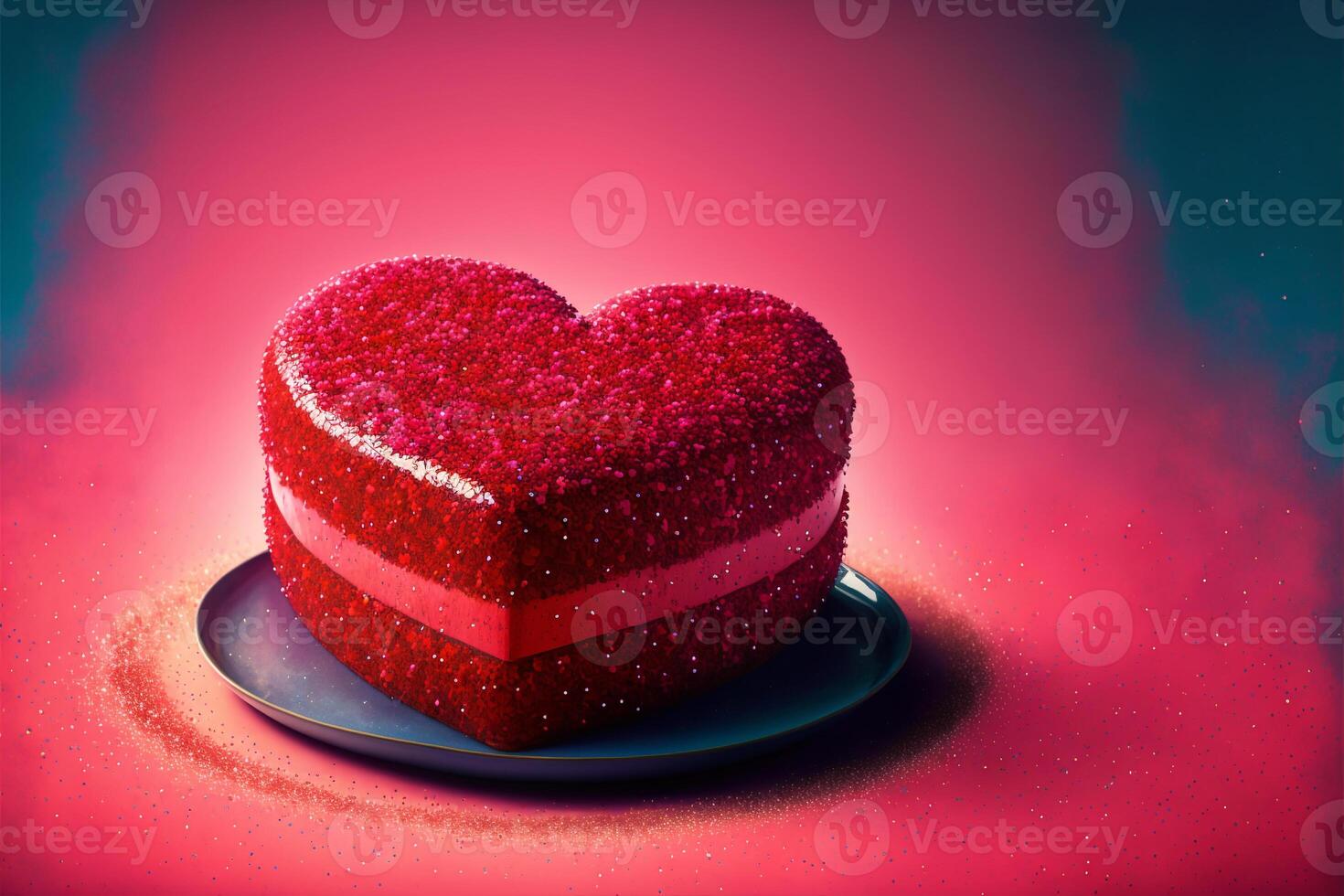 Cake in heart form, dessert with glitter. Valentine's Day, love. Postcard, greeting card design. Pink and red colors. . photo