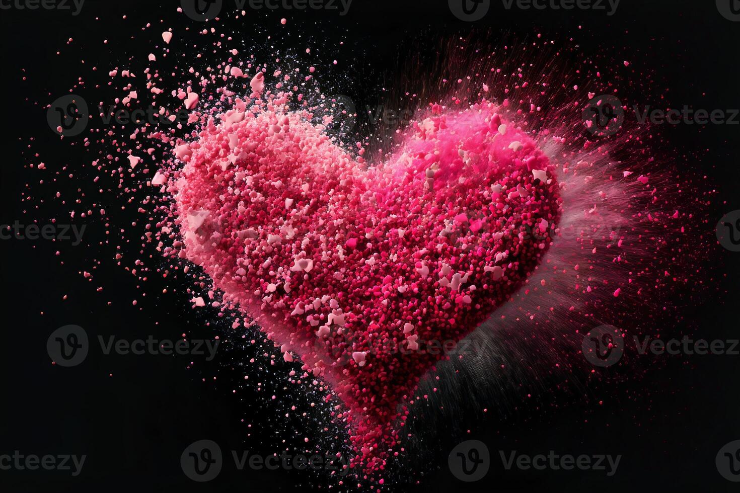 Pink heart with small colorful particles. Valentine's Day, love. Colors explosion. Postcard, greeting card design. . photo