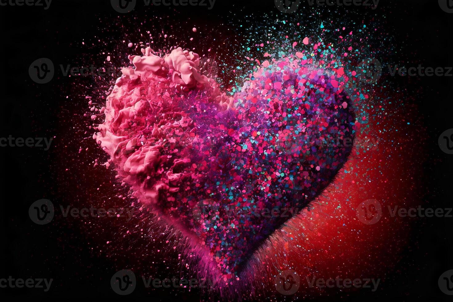 Pink heart with small colorful particles. Valentine's Day, love. Colors explosion. Postcard, greeting card design. . photo