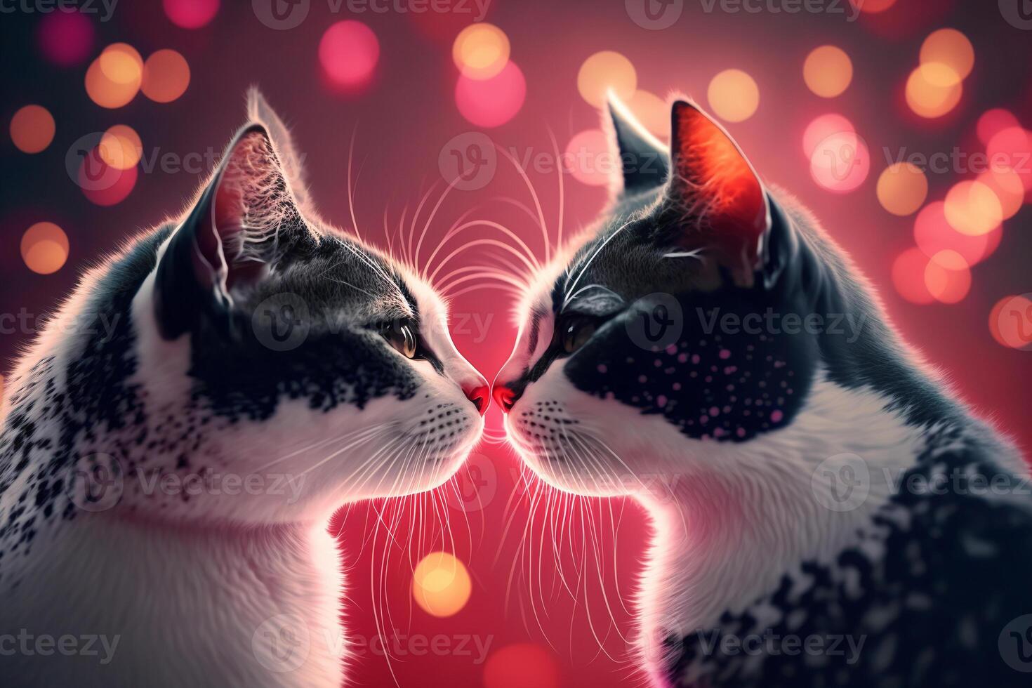 Two cats are kissing. Beautiful light, bokeh effect. Valentine's Day, love. Couple, relationship. Postcard, greeting card design. . photo