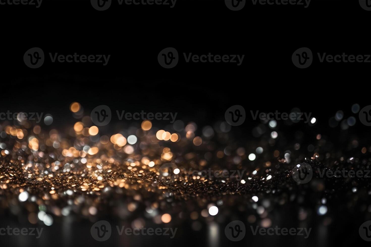 Beautiful black abstract background with sparkles and copy space. Backdrop with golden glitter, sequins. Celebration, festive, event. Bokeh effect. Trendy design. . photo