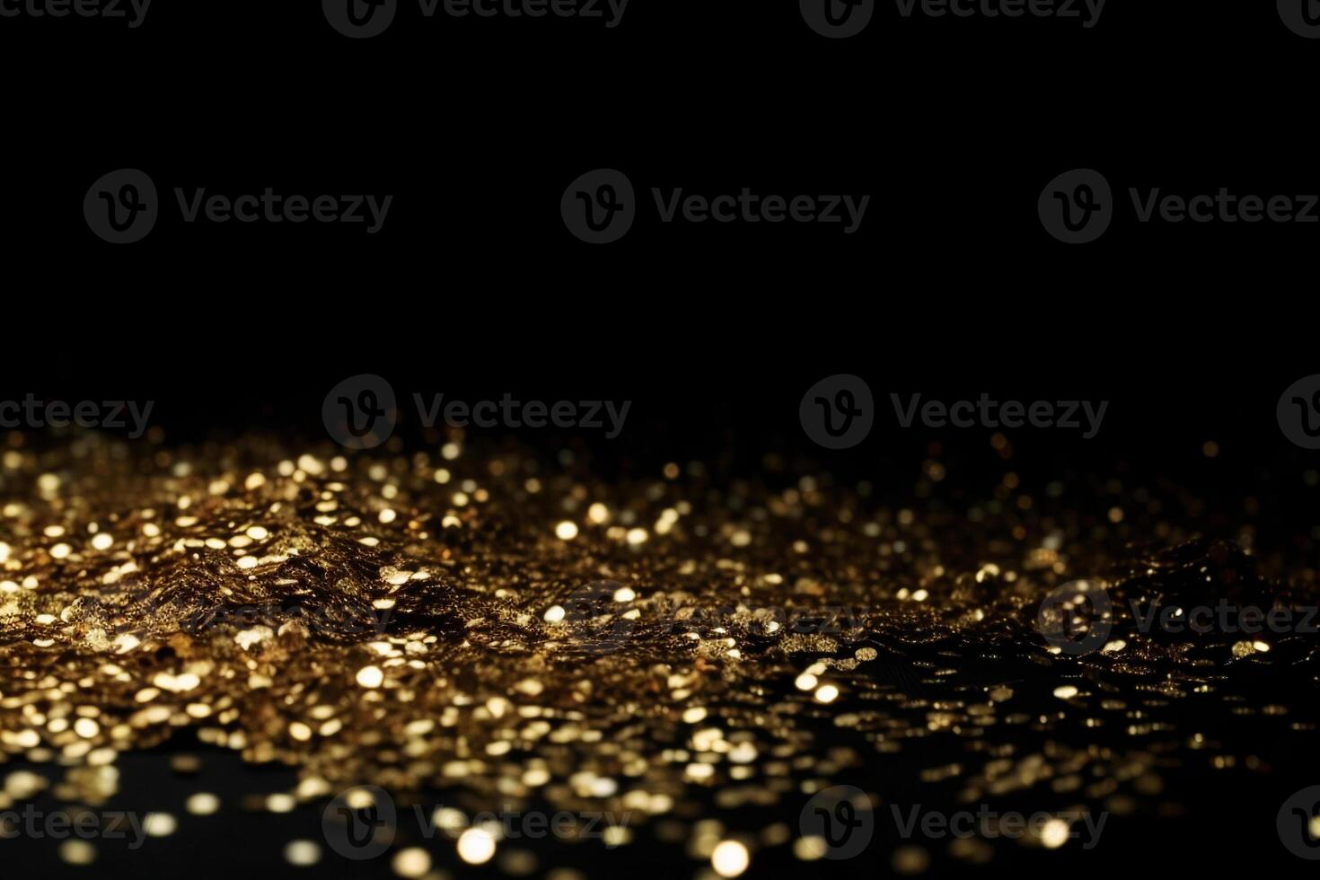 Beautiful black abstract background with sparkles and copy space. Backdrop with golden glitter, sequins. Celebration, festive, event. Bokeh effect. Trendy design. . photo