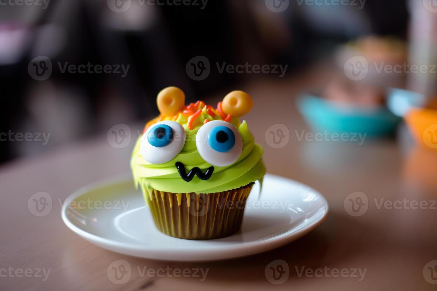 Cute and funny cupcake for kids. Happy Birthday, Halloween dessert. Children's party. Monster muffin. . photo