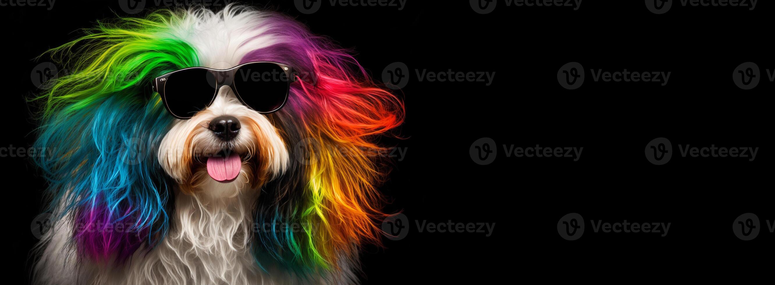 frio y vistoso perro en negro antecedentes con Copiar espacio arco iris colores. diversidad, tolerancia, inclusión concepto. diferente y único a ser. de moda perrito. bandera con vacío espacio. generativo ai foto