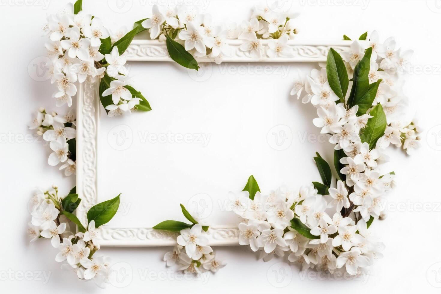 Beautiful white background with flowers and copy space. Empty space for text. Frame, backdrop. Summer, spring, blossom. Woman's or Mother's Day, Birthday. . photo