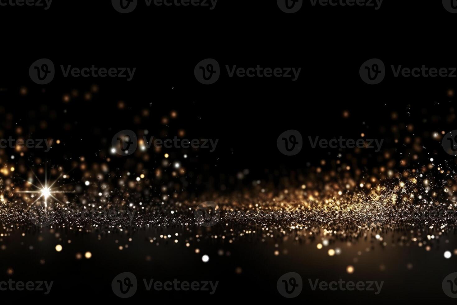 Beautiful black abstract background with sparkles and copy space. Backdrop with golden glitter, sequins. Celebration, festive, event. Bokeh effect. Trendy design. . photo