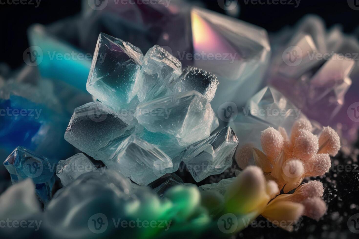 Beautiful abstract background with colorful crystals. Mysterious gemstones, minerals. Magic crystal cluster. Close-up view. . photo