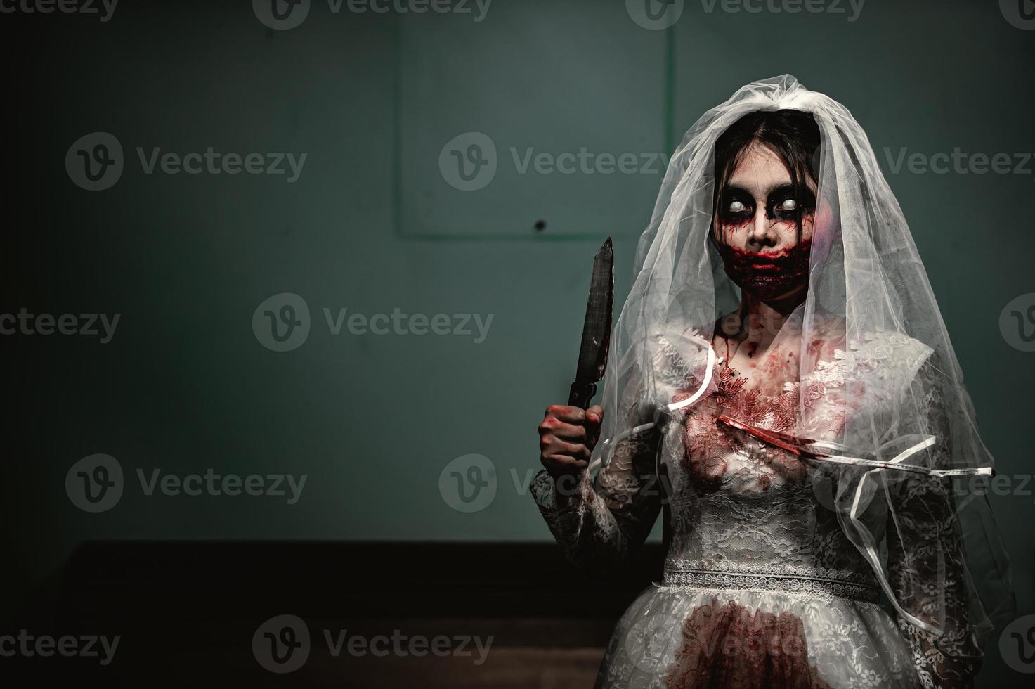 Halloween festival concept,Asian woman makeup ghost face,Bride zombie charactor,Horror movie wallpaper or poster photo