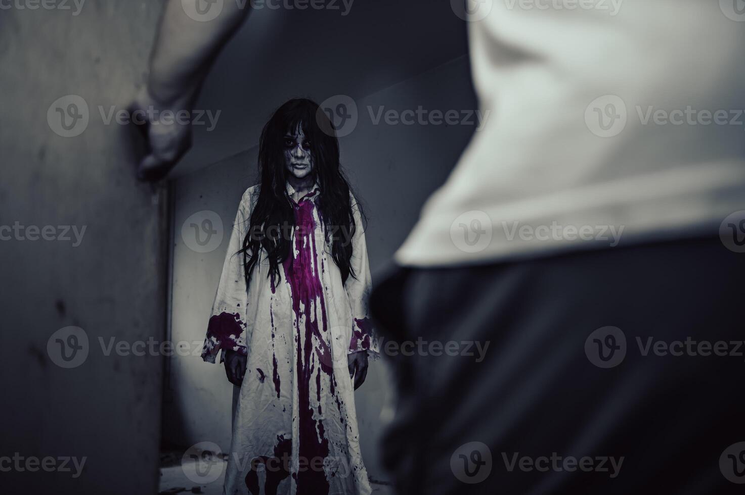 Halloween festival concept,Asian woman makeup ghost face,Bride zombie charactor,Horror movie wallpaper or poster photo