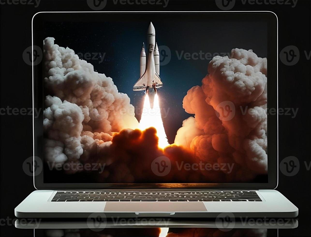 A laptop screen with a rocket taking off with generative ai photo