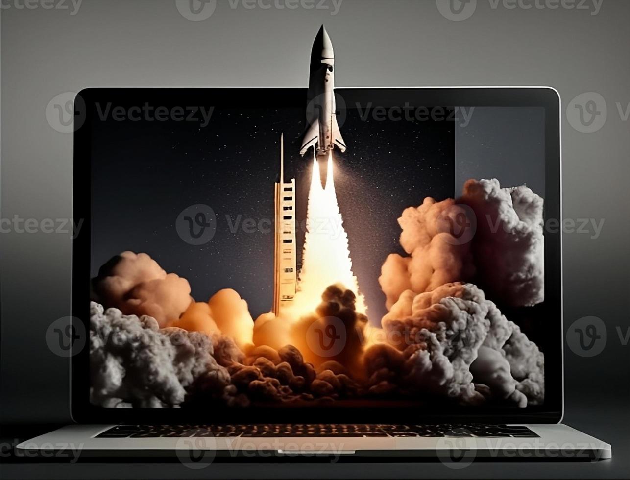 A laptop screen with a rocket taking off with generative ai photo