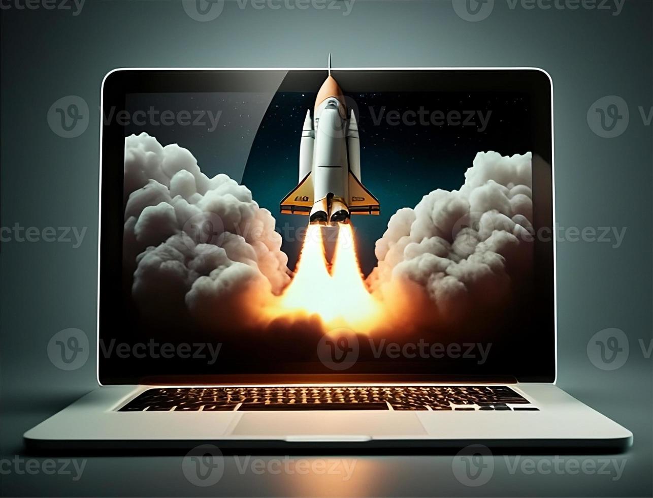 A laptop screen with a rocket taking off with generative ai photo