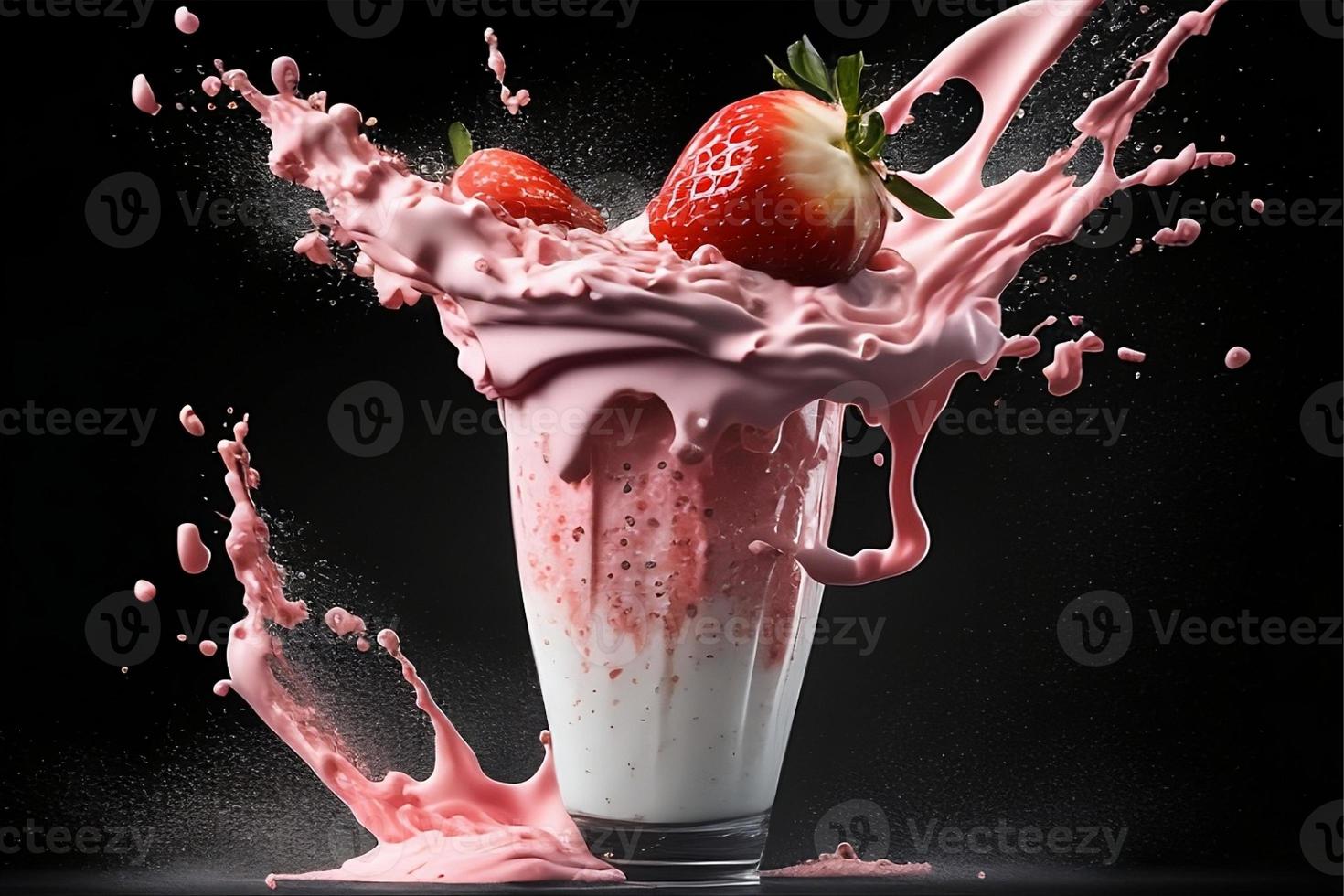 A glass of strawberry milkshake with a splash of strawberry on the top. photo