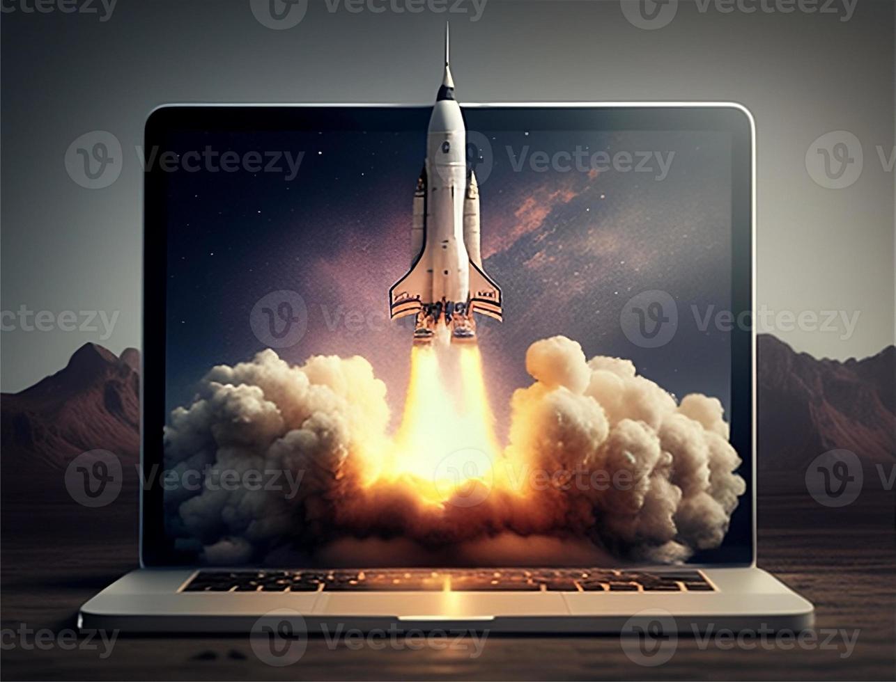 A laptop screen with a rocket taking off with generative ai photo