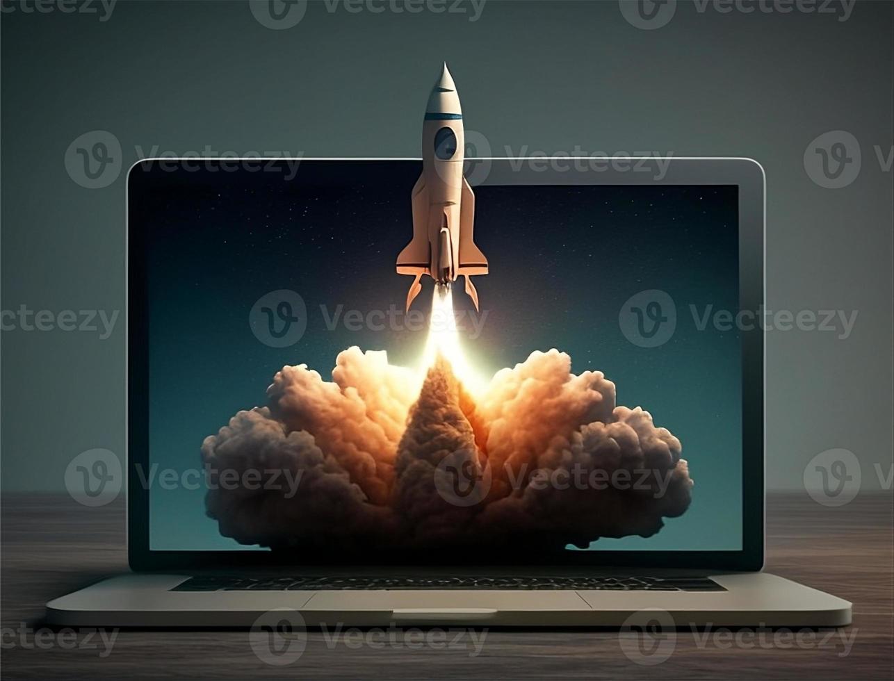 un ordenador portátil pantalla con un cohete tomando apagado con generativo ai foto