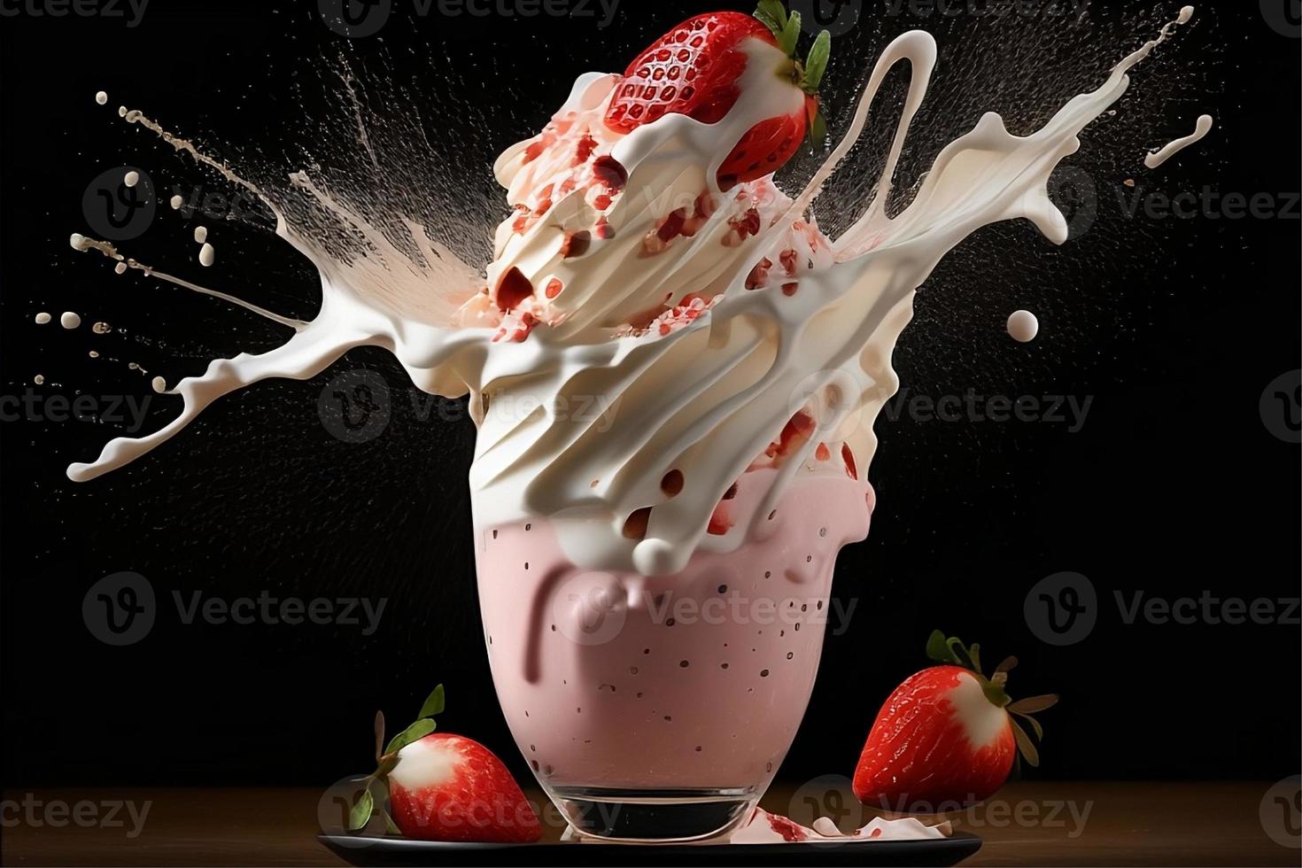 A glass of strawberry milkshake with a splash of strawberry on the top. photo