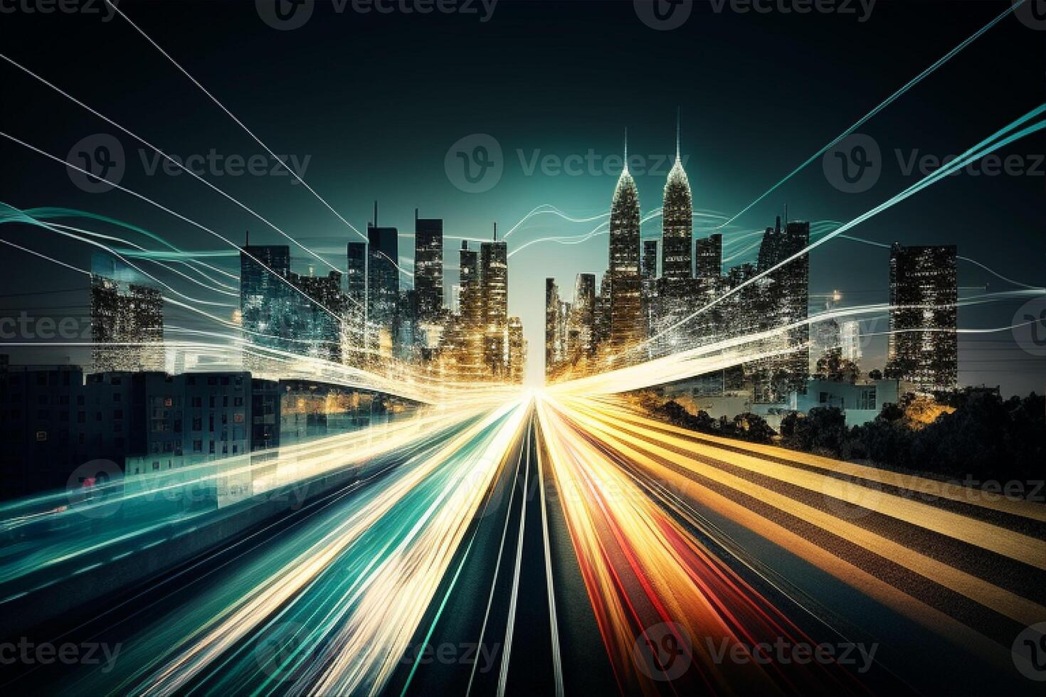 A cityscape with lights on and a cityscape in the background with photo
