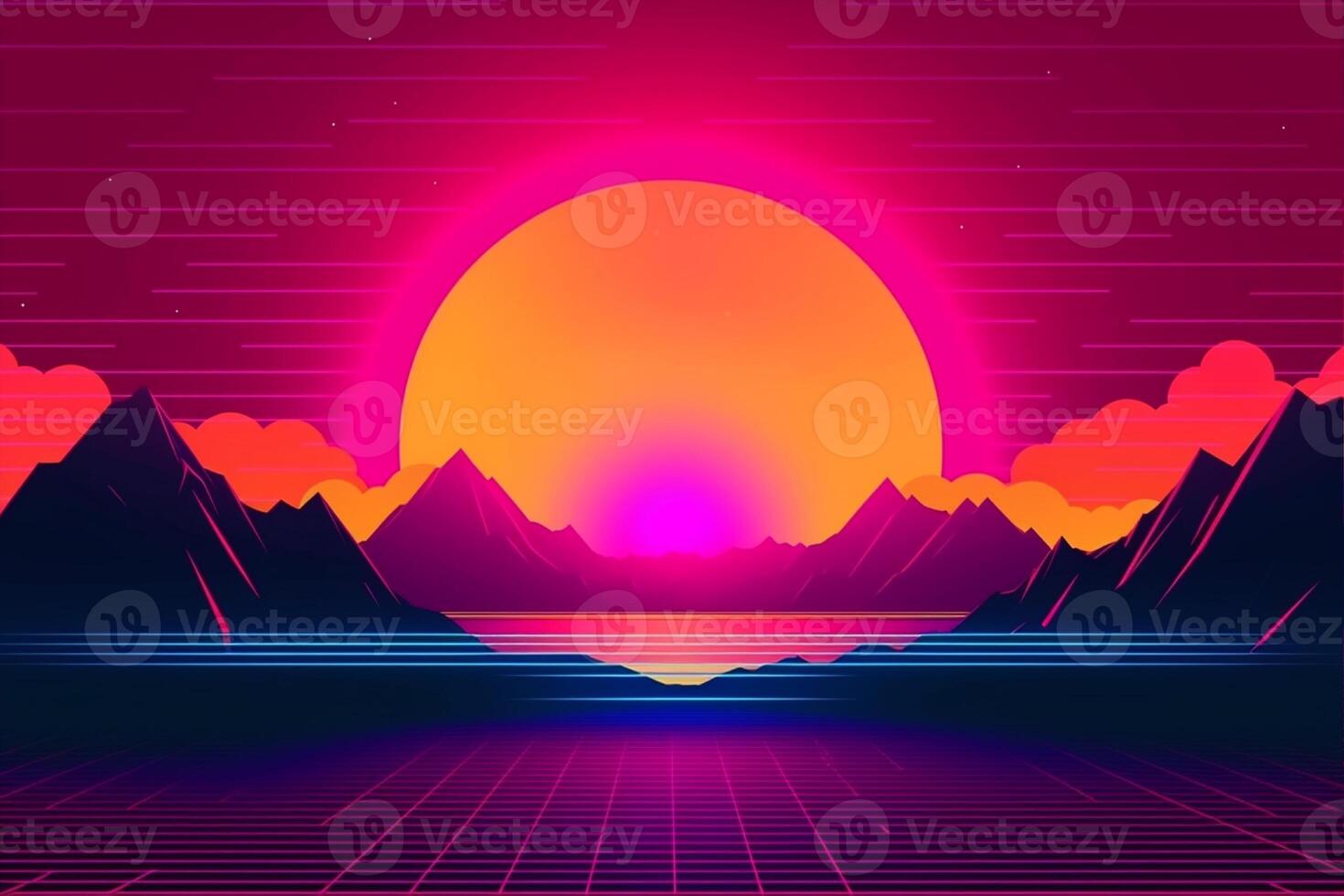 A digital illustration of a sunset with mountains in the background with photo