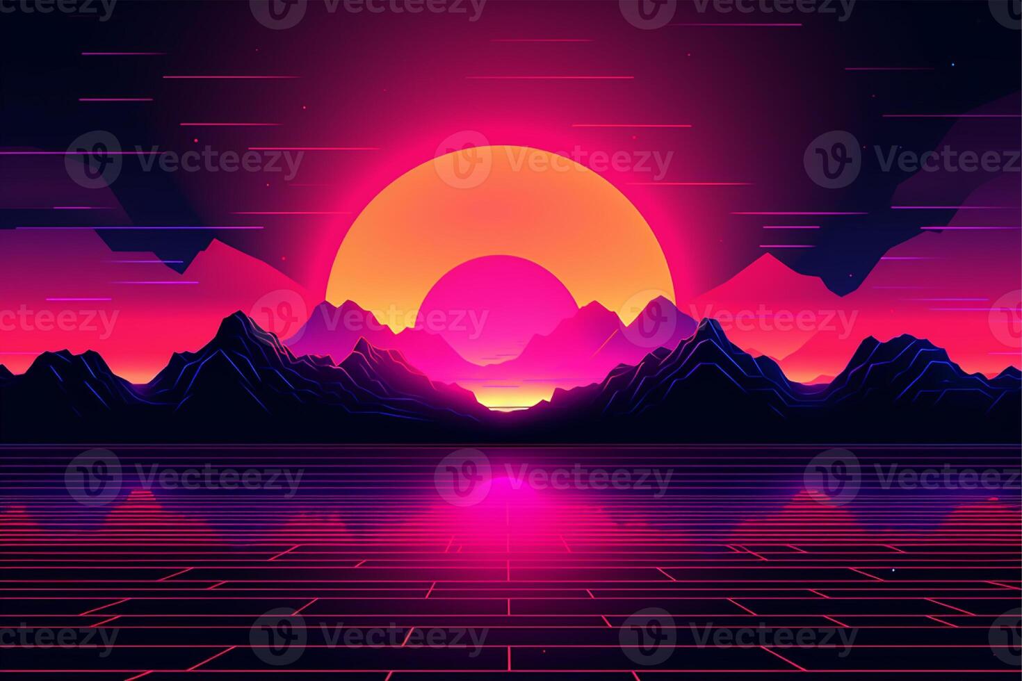 A digital illustration of a sunset with mountains in the background with photo