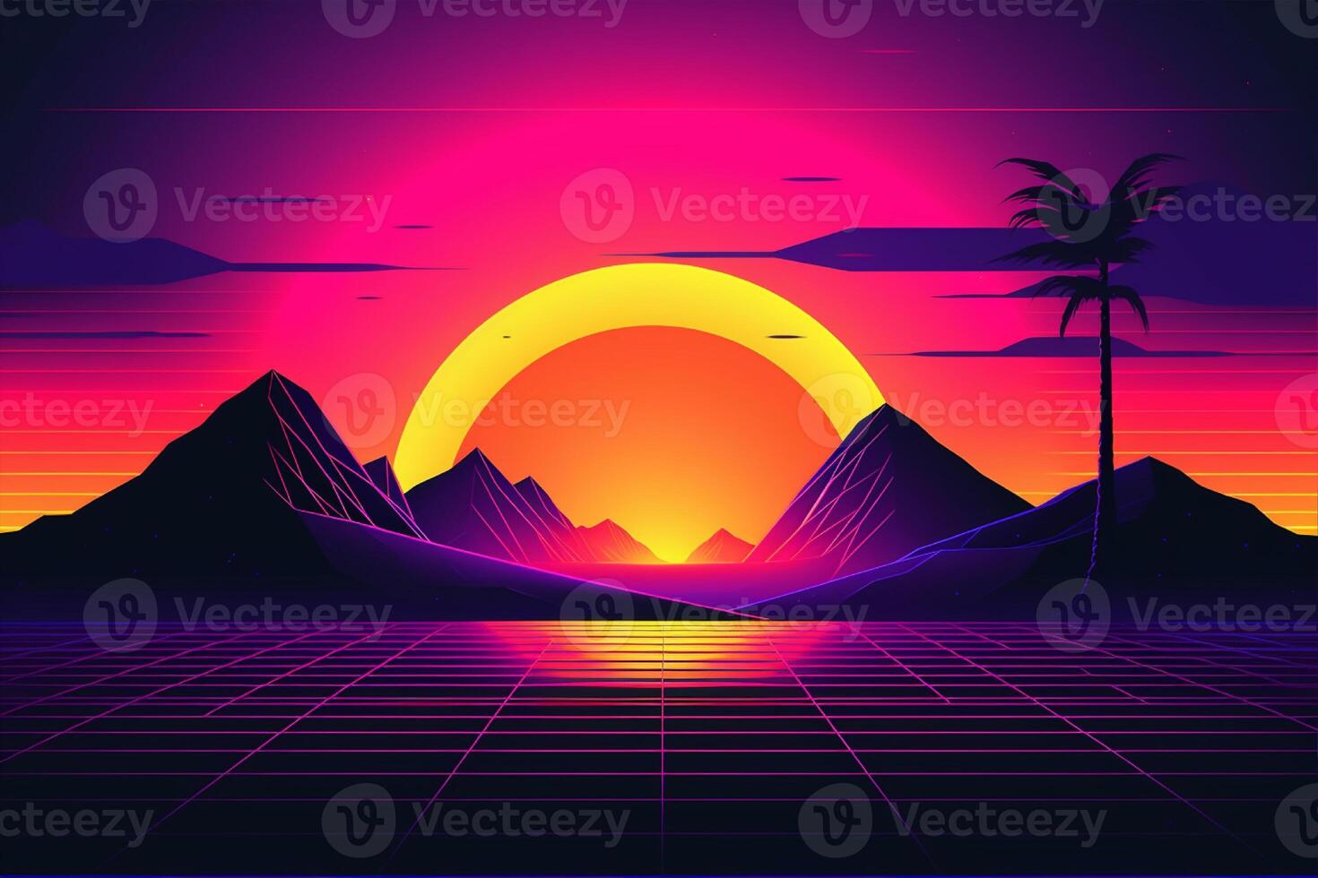 A digital illustration of a sunset with mountains in the background with photo