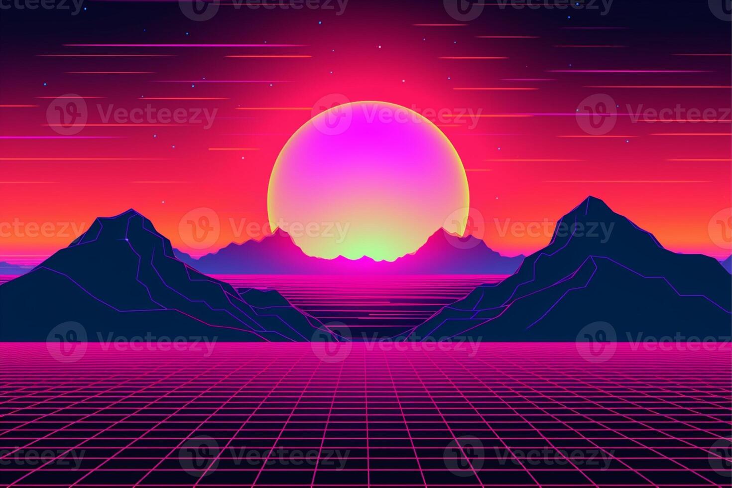 A digital illustration of a sunset with mountains in the background with photo