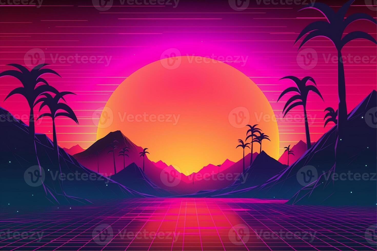 A digital illustration of a sunset with mountains in the background with photo