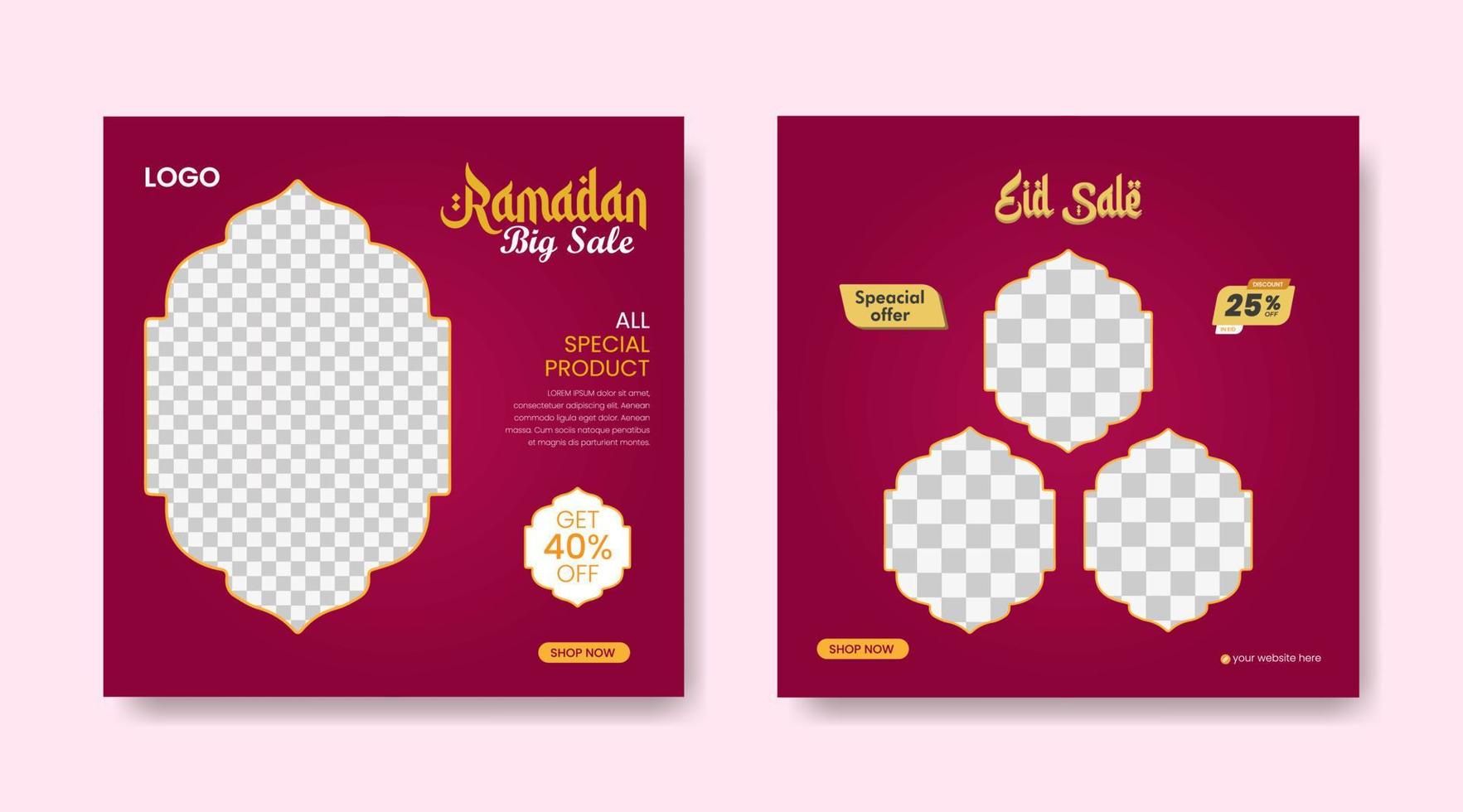 eid Moda rebaja bandera y social medios de comunicación enviar plantilla, Ramadán kareem tema rebaja cuadrado volantes y bandera. grande rebaja haz eid anuncios correo, saludo tarjeta islámico antecedentes diseño con linterna, medio Luna vector