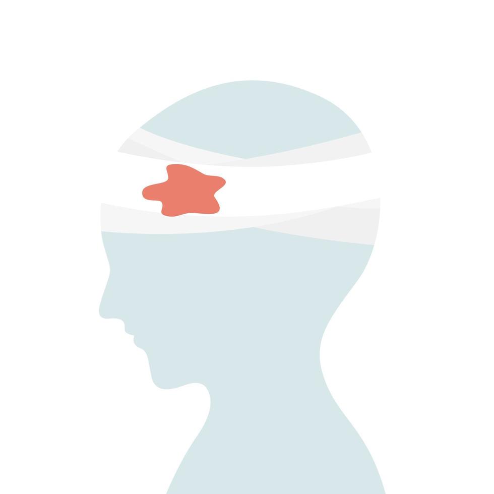 Silhouette of head injury, blood and bandage on human head. vector