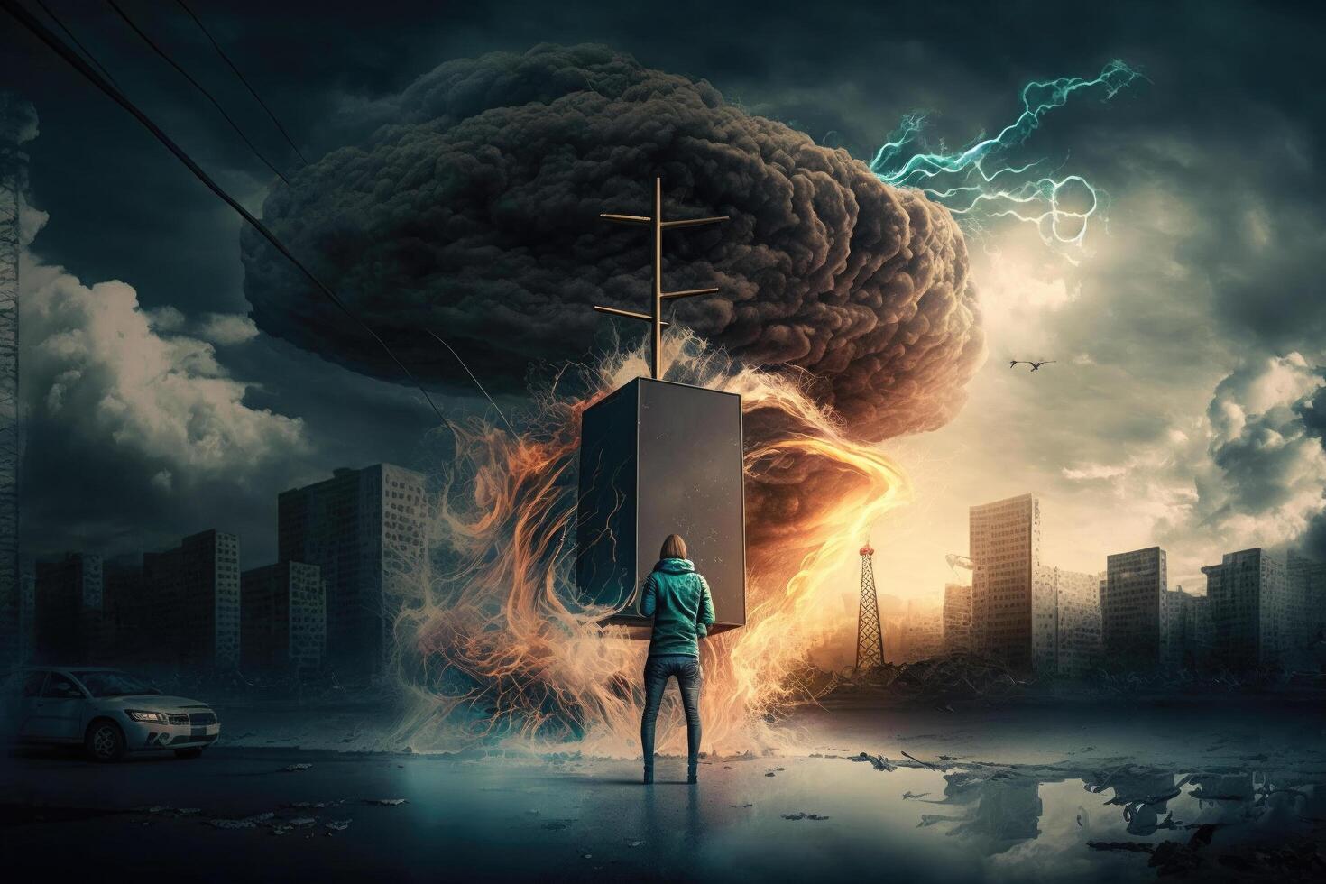 A girl stands in front of a nuclear explosion and watches this spectacle, the apocalypse and the nuclear mushroom from the explosion. , photo