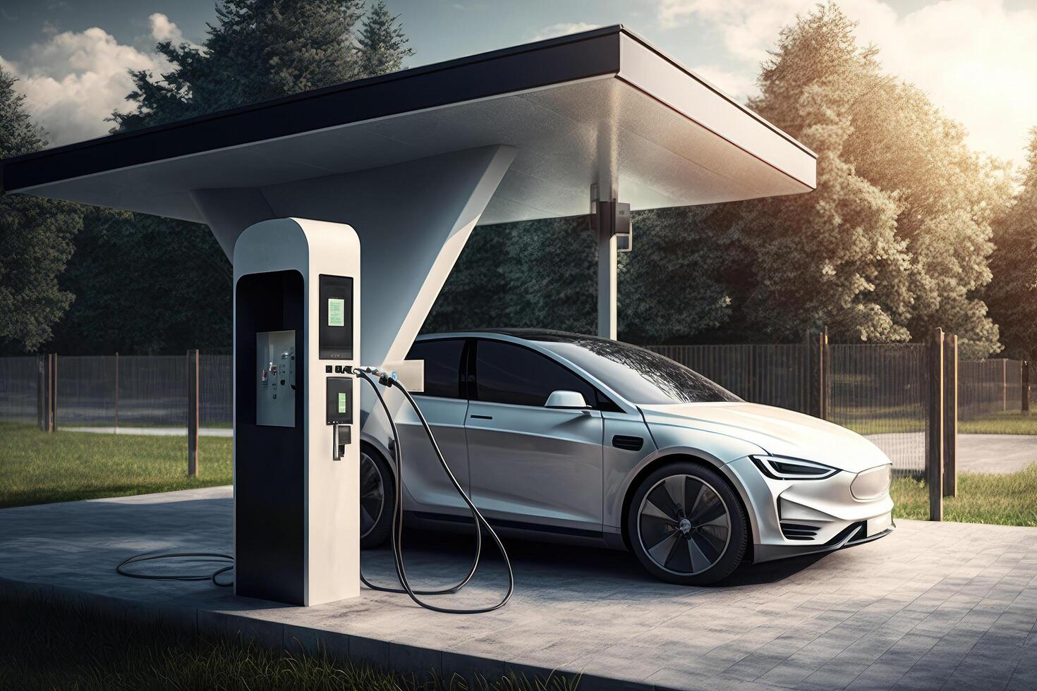 A charging station for electric cars, a car of the present and the future, an environmentally friendly car, . photo