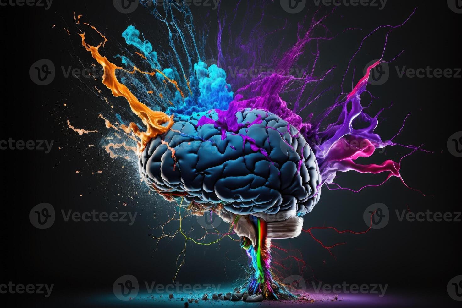 A human brain bursting with activity in colorful colors, . photo