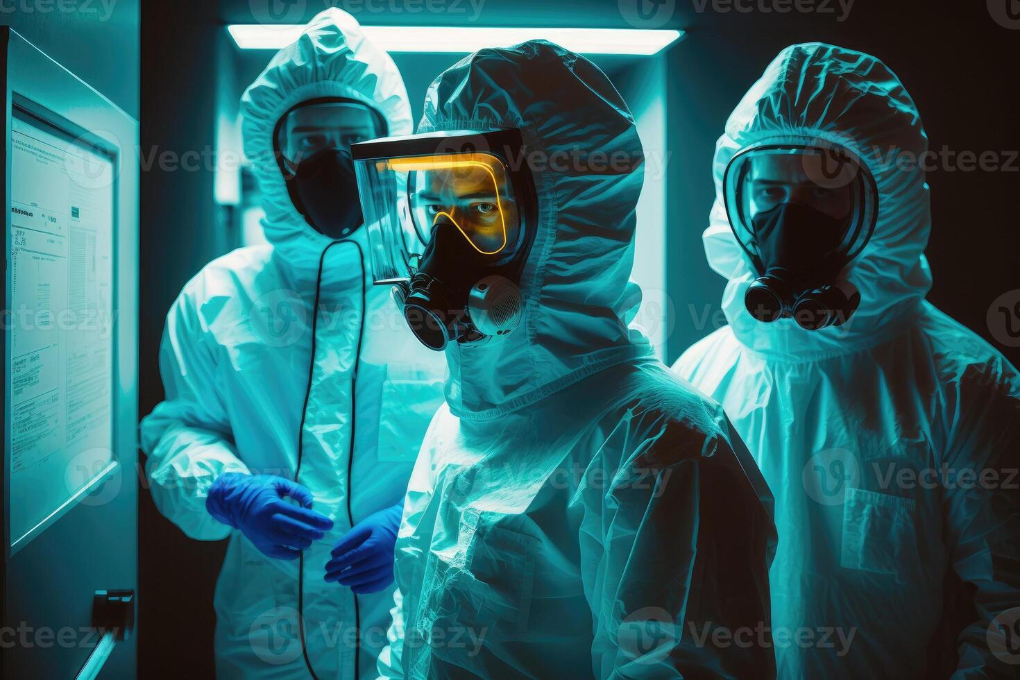 Secret research in military biolaboratories. Scientists in protective suits, glasses and medical masks in the laboratory before work, . photo