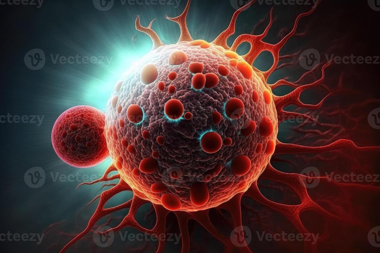Attack of cancer cells on healthy cells in the human body, cells in large scale and copy space, . photo