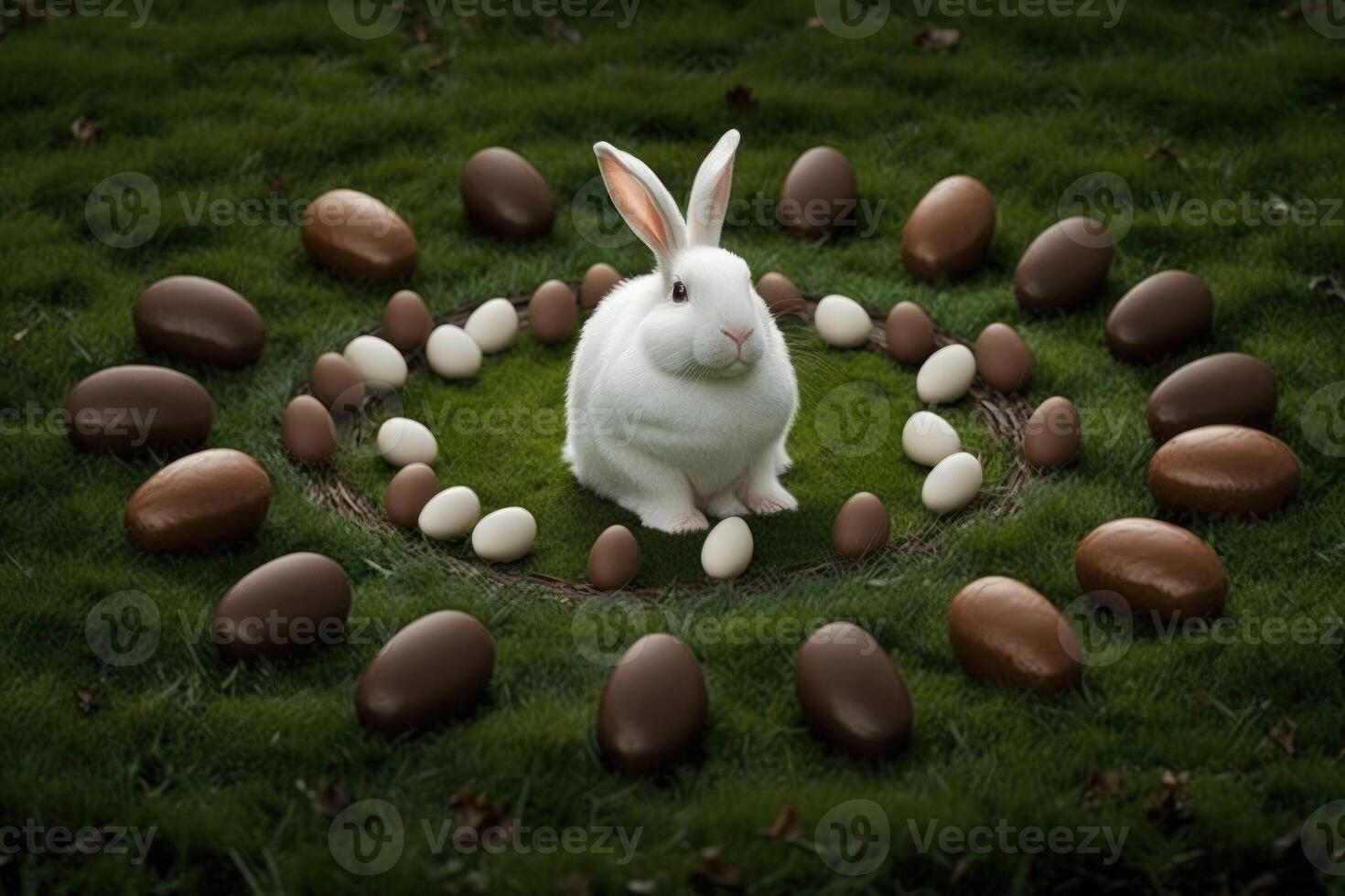 An Easter bunny sits in the center of a circle of chocolate Easter eggs lying on the grass, . photo