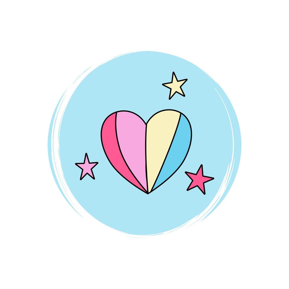 Cute logo or icon vector with rainbow heart and stars, illustration on circle with brush texture, for social media story and highlights