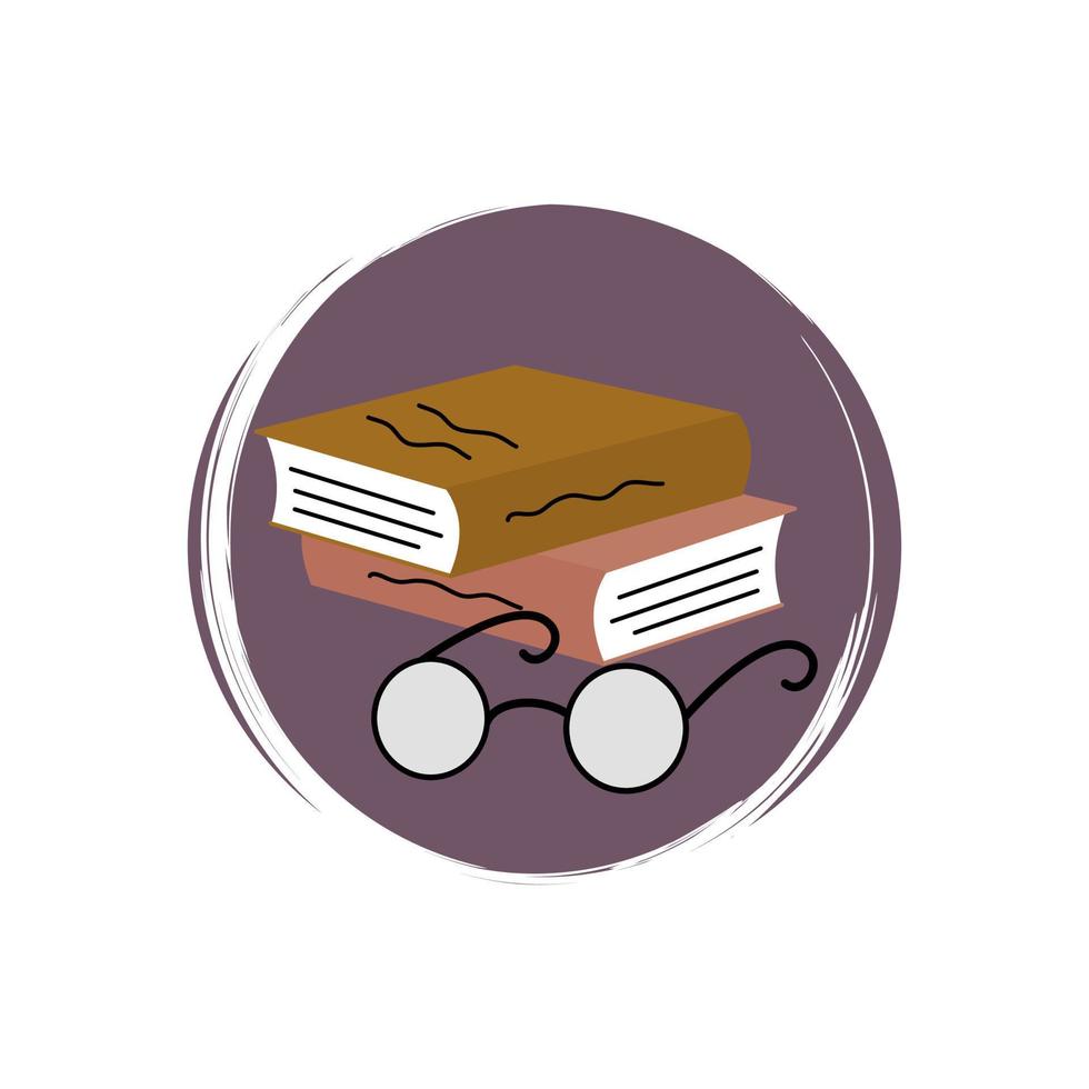 Cute logo or icon vector with cartoon eyeglasses and books, illustration on circle for social media story and highlights