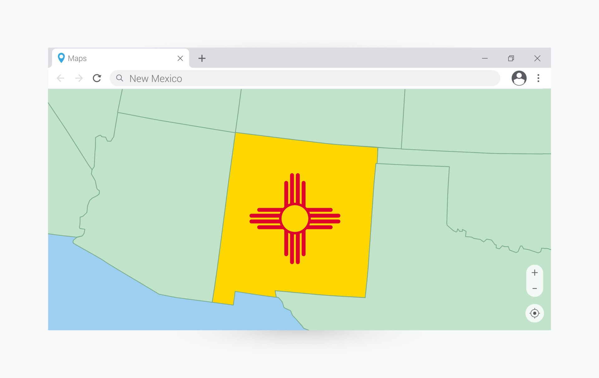 Browser window with map of New Mexico, searching New Mexico in internet