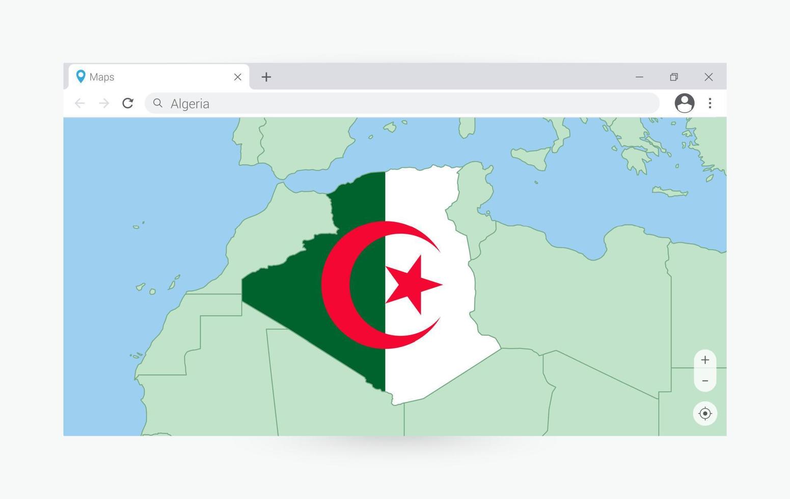 Browser window with map of Algeria, searching  Algeria in internet. vector