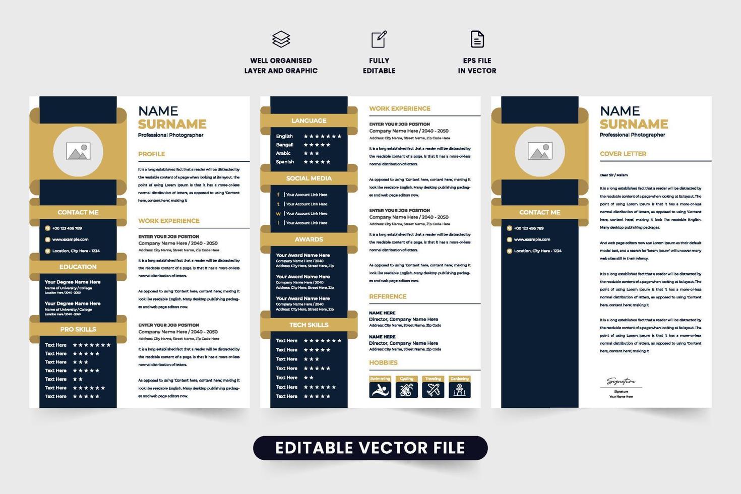 currículum modelo vector para oficina empleo. oficina empleado CV y currículum vector para un trabajo solicitud y oficial trabajar. corporativo currículum diseño modelo diseño con dorado y oscuro colores.