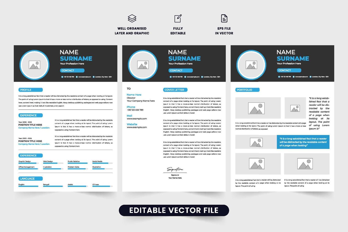 Creative resume template design with employee portfolio. Job