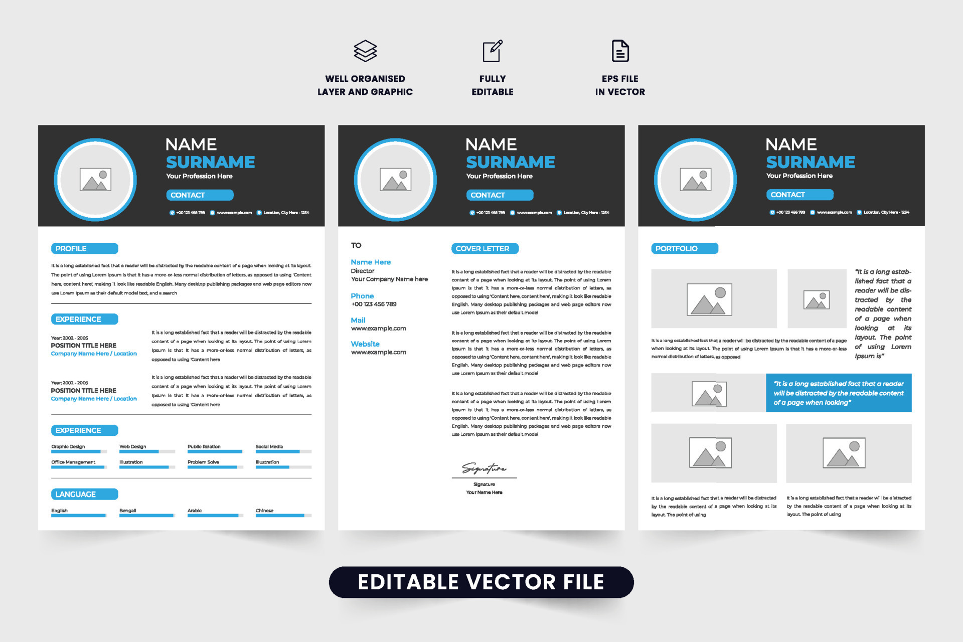 Creative resume template design with employee portfolio. Job