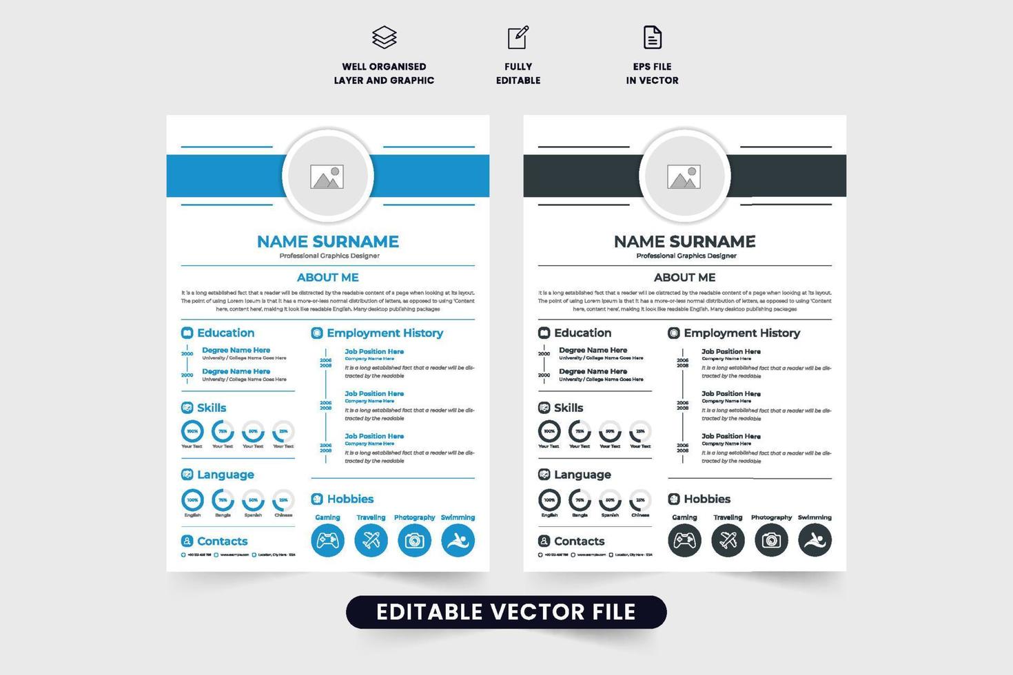 Minimalist resume and CV template vector with photo placeholders. Creative resume layout design for professional job applications. Office CV layout vector with dark and blue colors.